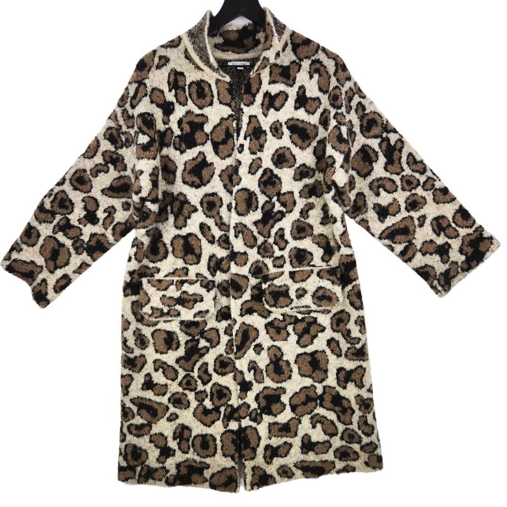 Baciano Long Sweater Size Large Wool Blend Animal Print Pockets Open Coatigan